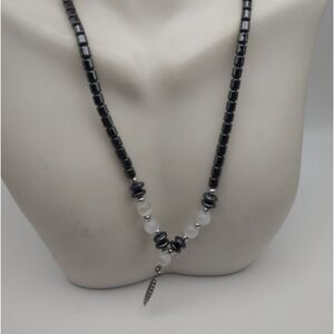 Boho moonstone hematite feather necklace‎